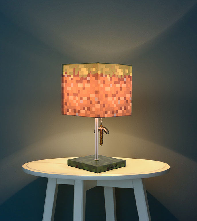 Minecraft Grass Block Desk Lamp - 14" Tall, With Pickaxe Pull Chain, LED/Incandescent Compatible (Bulb Not Included)