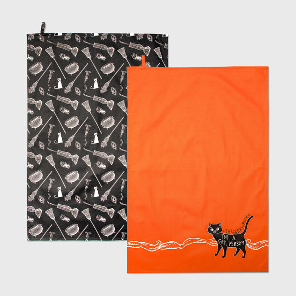 2 Black Cat Kitchen Towel Funny Dish Towels with Cats On Them White  Dishtowels